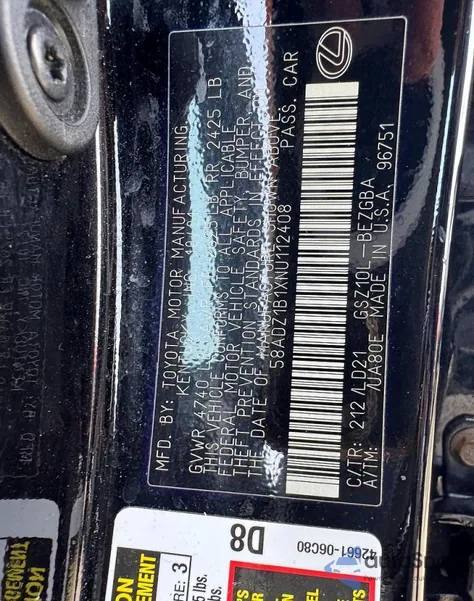 2022 Lexus Es 350 Base from USA, damaged, VIN 58ADZ1B1XNU112408